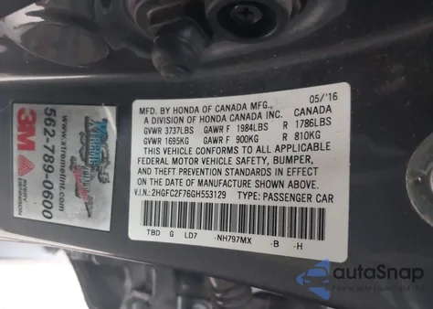 2016 Honda Civic Ex from USA, damaged, VIN 2HGFC2F76GH553129